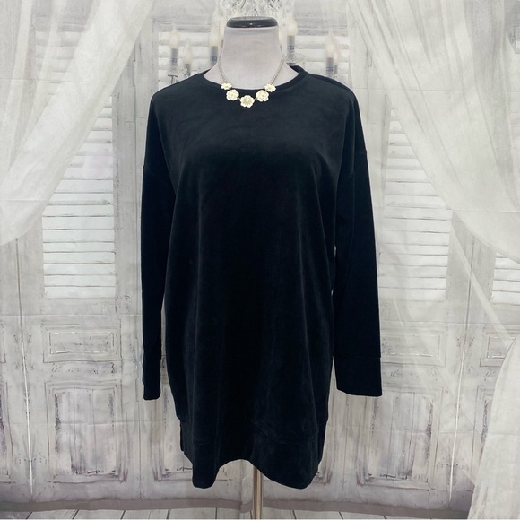 NEW Eileen Fisher Size S Small Crew Neck Side Slit Boxy Tunic Top Black Velour - Picture 1 of 11